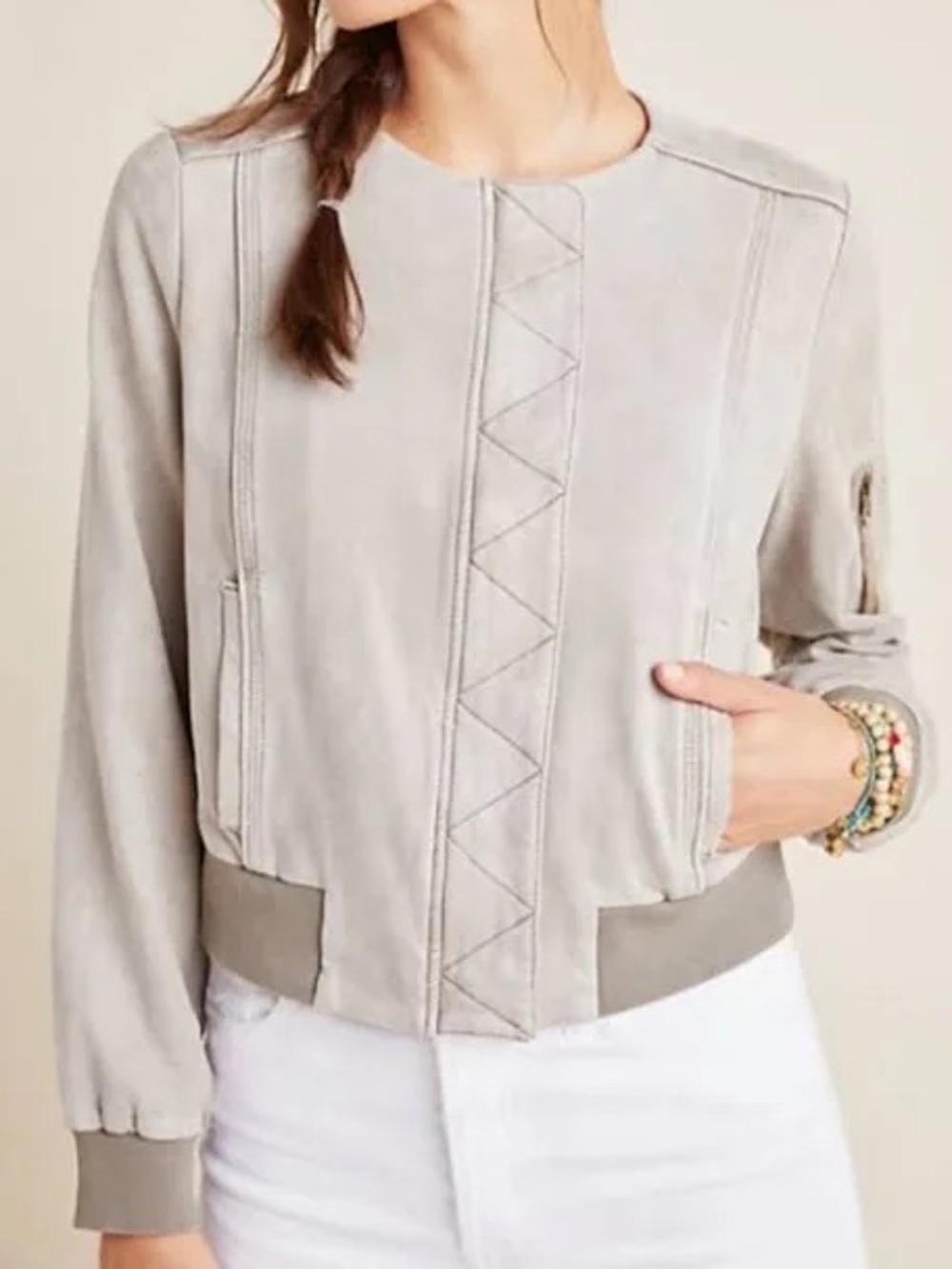 NWT NEW Anthropologie Marrakech Bibiana Bomber Jacket Gray/Tan Suede Size XL